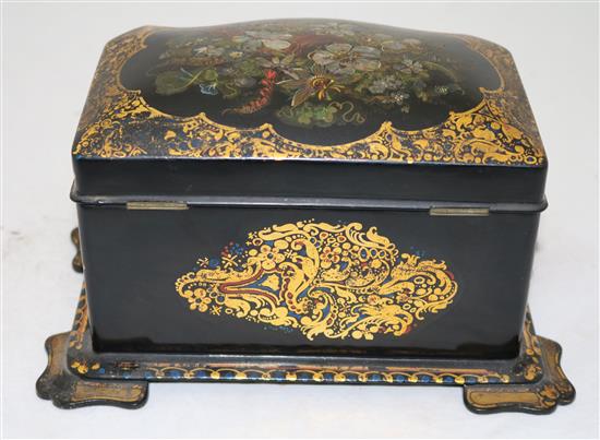 A Victorian papier mache tea caddy, 10in.